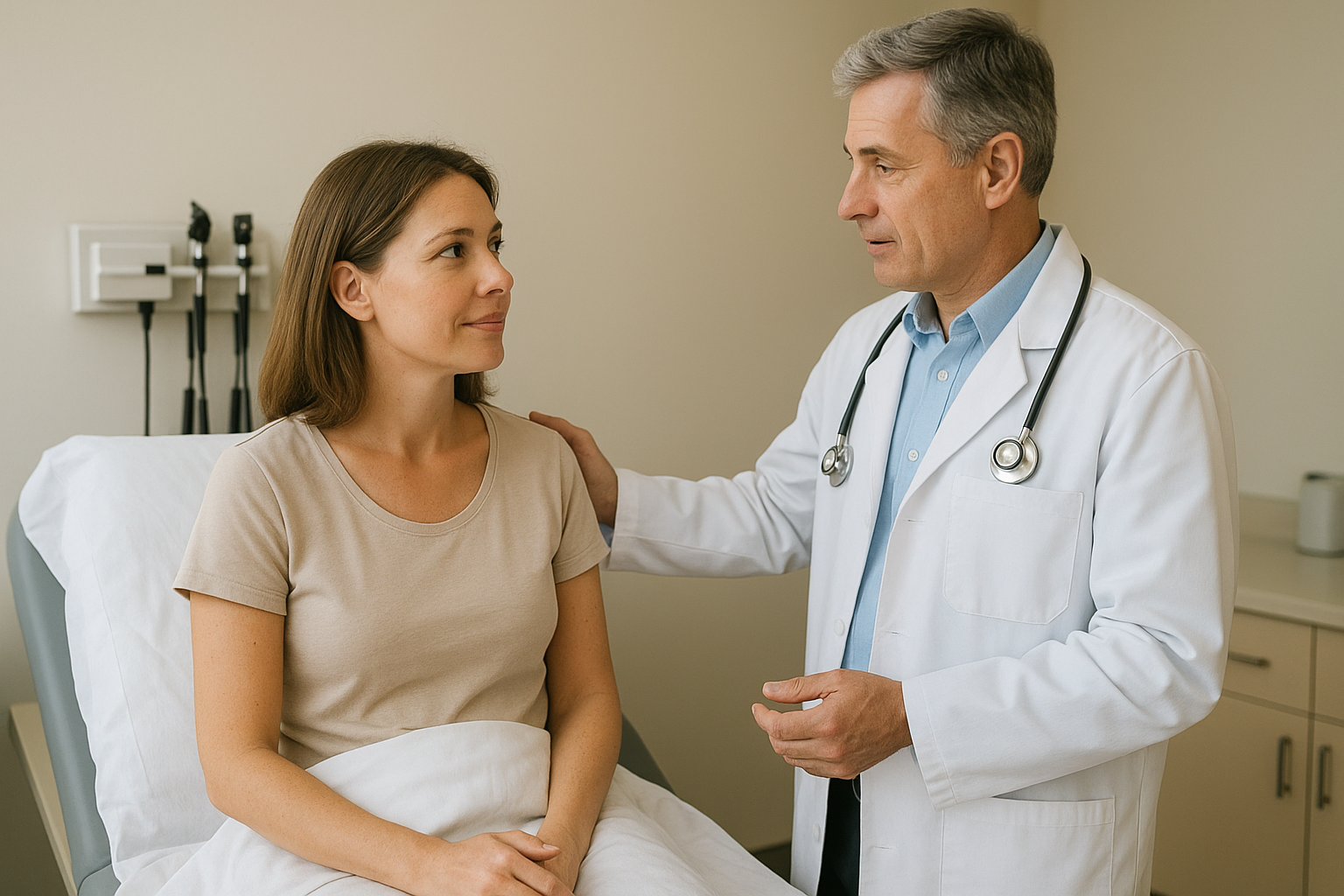 רופא בודק אישה עם פטריה בפטמה